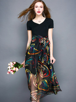 Slim Chiffon Floral Print Short Sleeve Maxi Dress