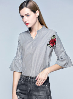 Striped Embroidered Stand Collar Flare Sleeve Blouse