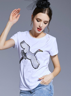 Brief Swan Embroidery White T-shirt