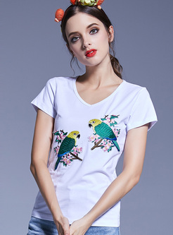 White Brief Bids Embroidery T-shirt