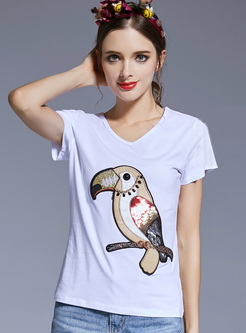 White Cute Woodpecker Embroidery T-shirt