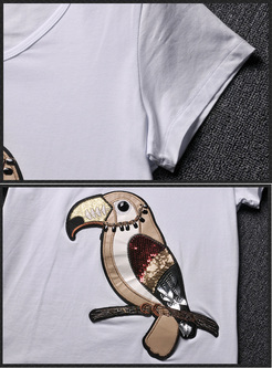 White Cute Woodpecker Embroidery T-shirt