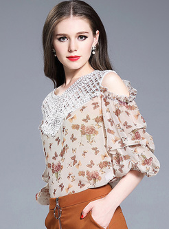 Chic Hollow Puff Sleeve Print Blouse