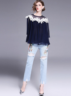 Chiffon Multicolor Embroidery Edging Jeans