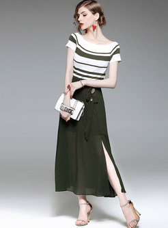 Stylish Striped Knitted T-shirt & Slit Pure Color Skirt