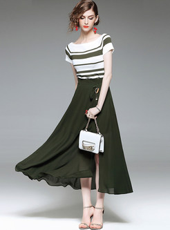 Stylish Striped Knitted T-shirt & Slit Pure Color Skirt