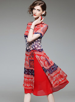 Ethnic Floral Print Slit Short Sleeve Skater Dress