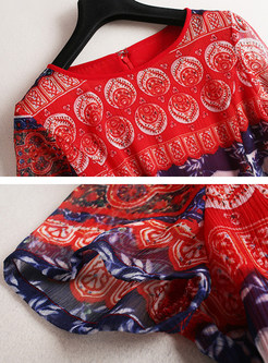 Ethnic Floral Print Slit Short Sleeve Skater Dress