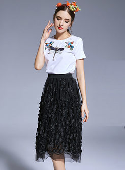 Casual Dragonfly O-neck Short Sleeve T-shirt & Sexy Flower Gauze Skirt 