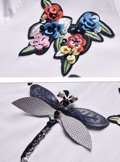 Casual Dragonfly O-neck Short Sleeve T-shirt & Sexy Flower Gauze Skirt 