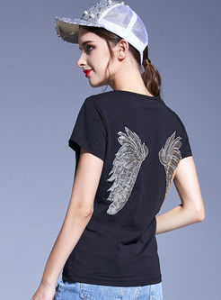 Casual Wing V-neck Short Sleeve Slim T-shirt 