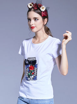 Casual Rose Embroidered O-neck Short Sleeve T-shirt