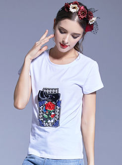Casual Rose Embroidered O-neck Short Sleeve T-shirt