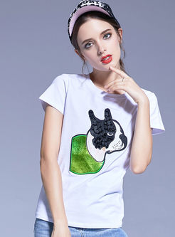 Cute Dog Embroidered O-neck Sheath T-shirt 