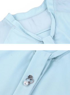 Work Pure Color V-neck Hollow-out Gauze Splicing Blouse 