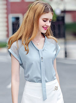 Work Pure Color V-neck Hollow-out Gauze Splicing Blouse 