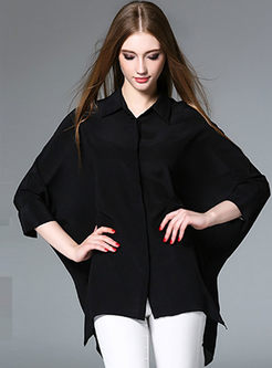 Work Turn-down Collar Three Quarter Sleeve Pure Color Blouse