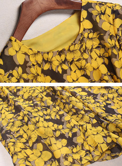 Floral Print Gathered Waist Flare Sleeve Skater Dress
