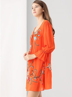 Ethic Embroidered O-neck Ruffle Sleeve Loose Shift Dress 