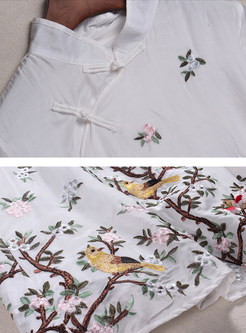 Silk Loose Embroidered Stand Collar Short Sleeve Shift Dress