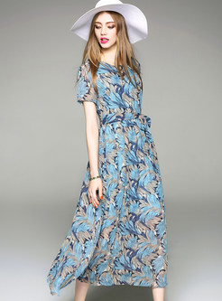 Bohemian Gathered Waist Floral Print Short Sleeve Maxi Dress