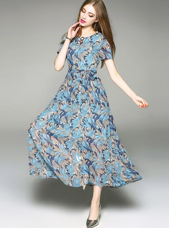 Bohemian Gathered Waist Floral Print Short Sleeve Maxi Dress