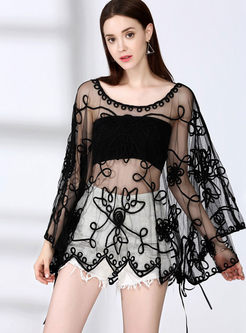 Sexy Lace Perspective O-neck Sun-proof Blouse 