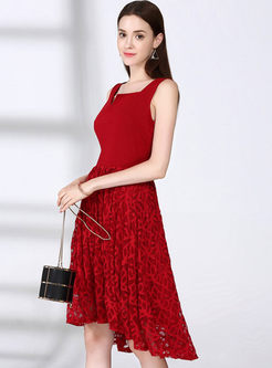 Sexy Pure Color Hollow-out Splicing V-neck Sleeveless Skater Dress 