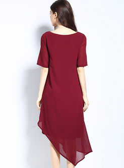 Casual Pure Color O-neck Short Sleeve Asymmetrical Shift Dress 