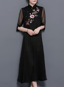 Vintage Silk Embroidered Stand Collar Half Sleeve Maxi Dress