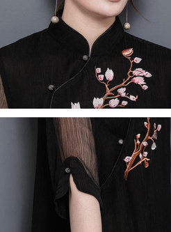 Vintage Silk Embroidered Stand Collar Half Sleeve Maxi Dress