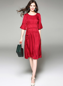 Pure Color Gathered Waist Flare Sleeve Skater Dress