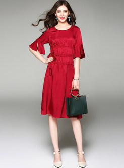 Pure Color Gathered Waist Flare Sleeve Skater Dress