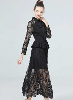 Lace Stitching Hollow Out Long Sleeve Maxi Dress