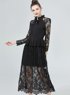 Lace Stitching Hollow Out Long Sleeve Maxi Dress