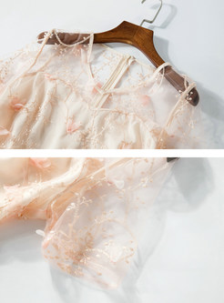 Mesh Flower Embroidered Stitching Slim Short Sleeve Maxi Dress