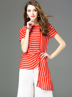 Chic Asymmetric Stripe Silk T-shirt