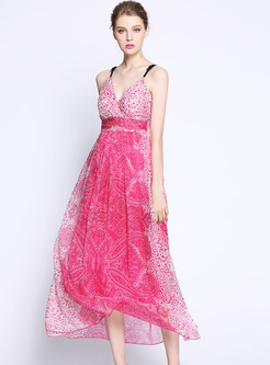 Elegant Print V-neck High Waist Maxi Dress