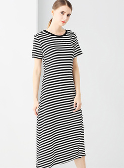 Brief Monochrome Striped Long T-shirt Dress