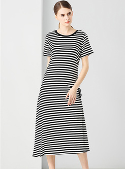 Brief Monochrome Striped Long T-shirt Dress