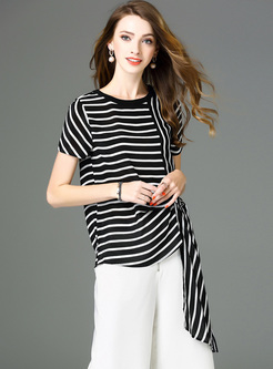 Asymmetric Monochrome Stripe Silk T-shirt