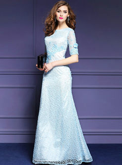 Party Embroidered Lace O-neck Short Sleeve Sheath Maxi Dress 