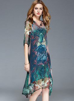 Floral Print Silk V-neck Half Sleeve Shift Dress