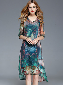 Floral Print Silk V-neck Half Sleeve Shift Dress