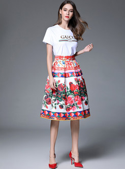 Rose Design Print Wrinkle Skirt