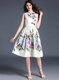 Elegant Floral Print Gathered Waist Sleeveless Skater Dress