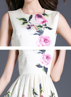 Elegant Floral Print Gathered Waist Sleeveless Skater Dress