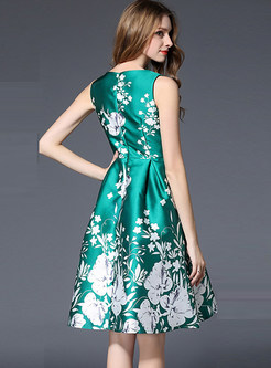 Elegant Floral Print Sleeveless Skater Dress