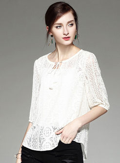 Casual Splicing O-neck Puff Sleeve Loose T-shirt 