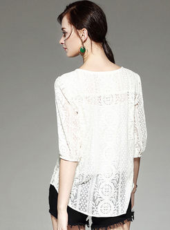 Casual Splicing O-neck Puff Sleeve Loose T-shirt 